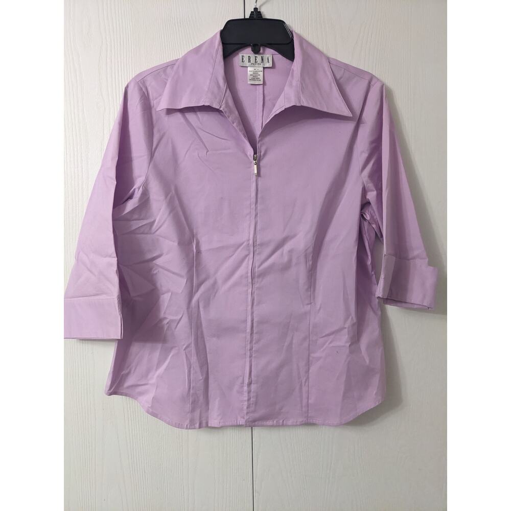 Erena Women's 3/4 Sleeve Collared Pink Zipper Front Shirt Top Size PL
